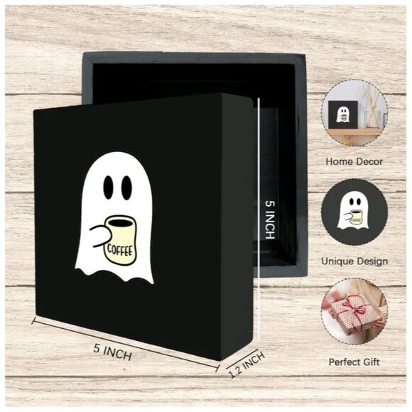 Halloween Ghost Coffee Wooden Box Sign, Cute Spooky Home Decor, Table Desk Shelf - Picture 2 of 7